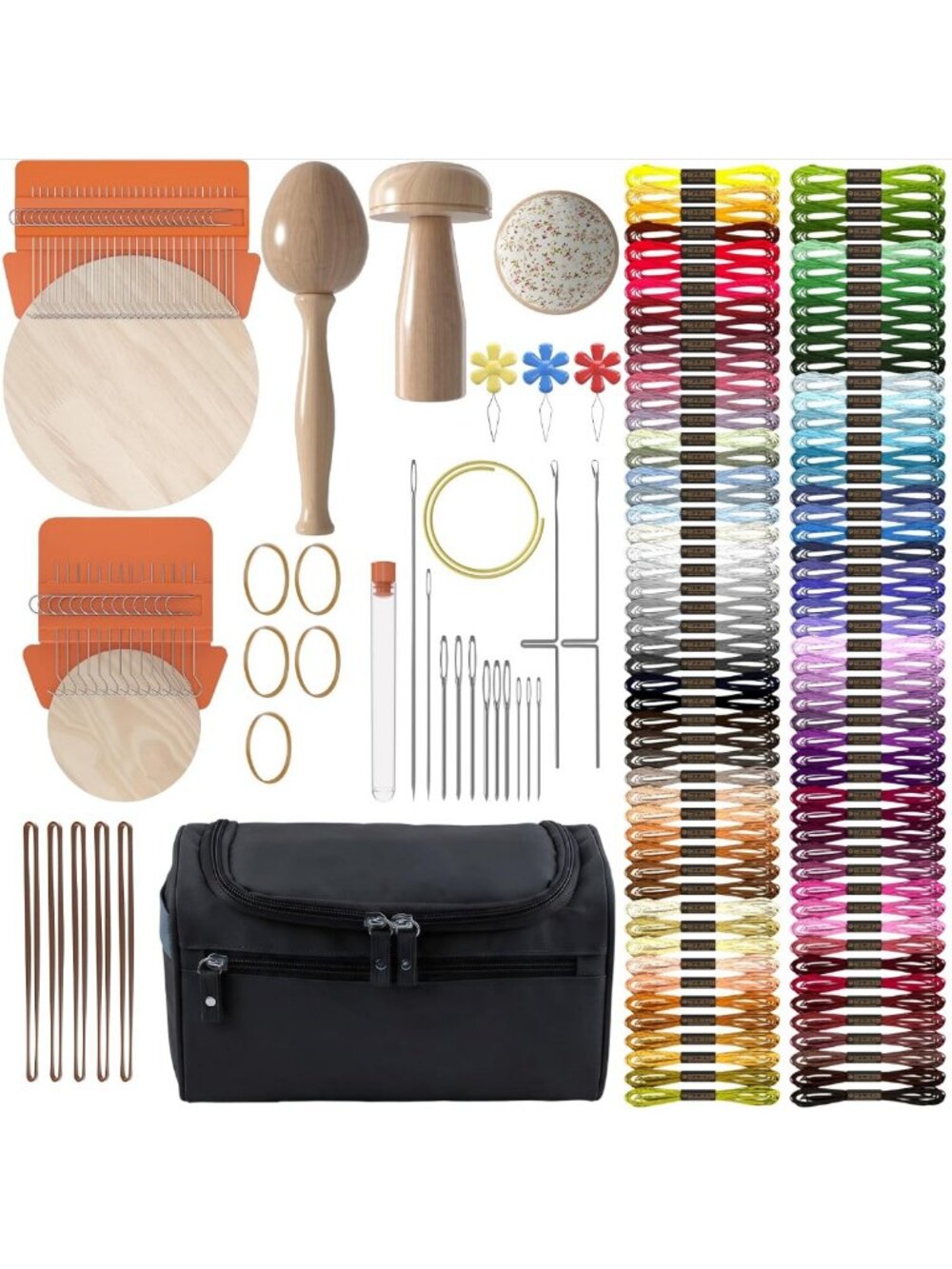 Mini Darning Loom Kit with 14 & 28 Hooks, 9 Large Eye Needles, 100 Colors Thread